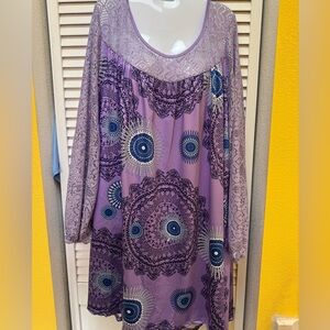 Purple Tunic /Dress with Blue Patterns and Lace Sleeves